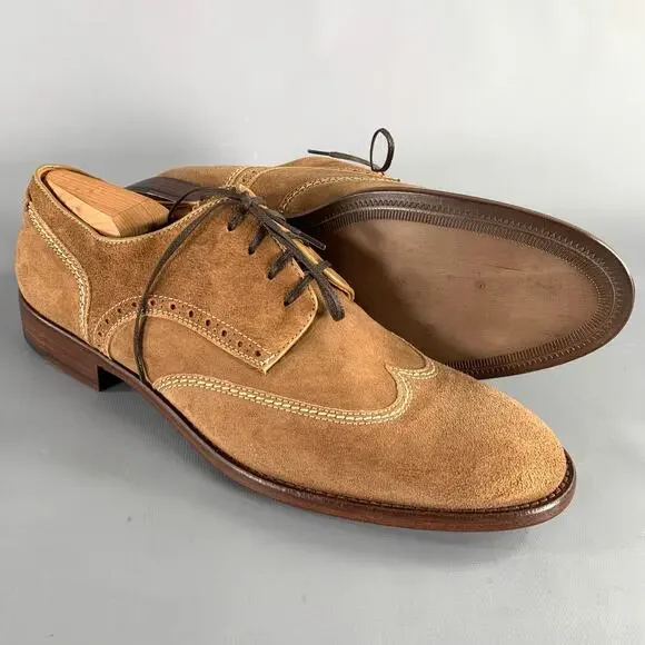 JOHNSTON & MURPHY Size 10 Brown Contrast Stitch Suede Wingtip Lace-Up Shoes